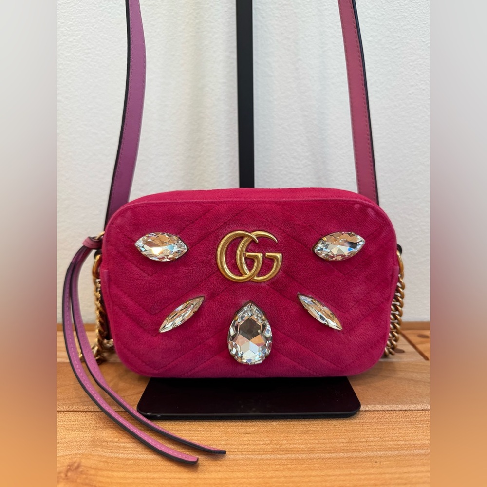 Gucci GG Marmont Matelasse Fuchsia Pink Velvet and Crystal Crossbody Bag
